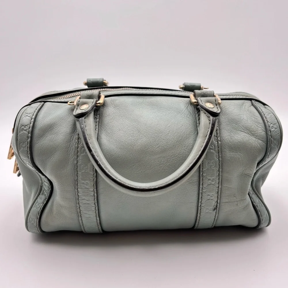 Gucci GG Embossed Leather Boston Bag Sage Green Gold Hardware - Picture 2 of 9